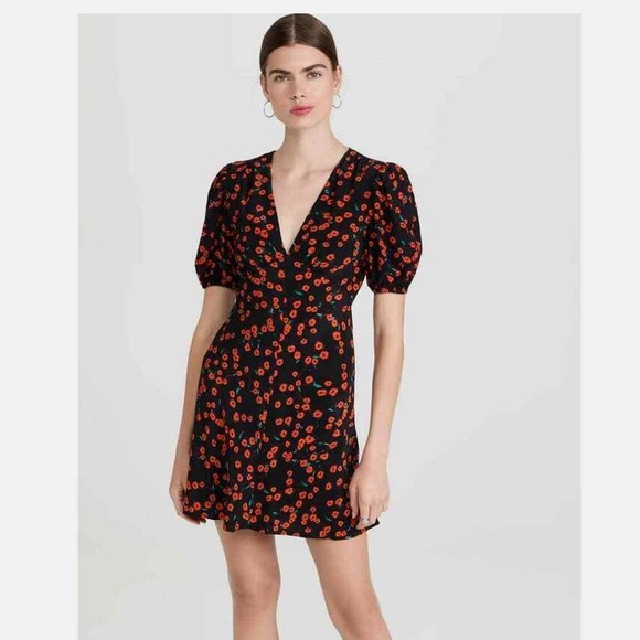NWT Staud Milla Poppy Print Mini Dress Red & Black V-Neck Puff Sleeve - Picture 3 of 6